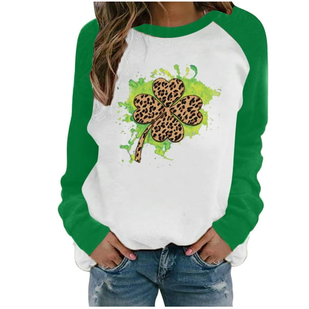 Moda mujer primavera Patchwork St. Patrick's Day impreso manga larga cuello redondo Casual Tee Tops Pompotops gfhjh20084