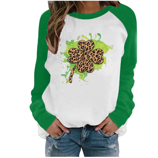 CEHVOM T-Shirt Décontracté à Manches Longues Imprimé Patchwork pour Femmes pour la Saint-Patrick, Col Rond