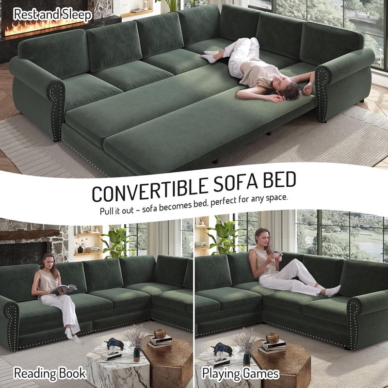 118" L-Shaped Convertible Sleeper Couch Bed, Chenille Upholstered Sectional Sofa with Pull-Out Sofa Bed, Modern Chesterfield Sofa for Living Room