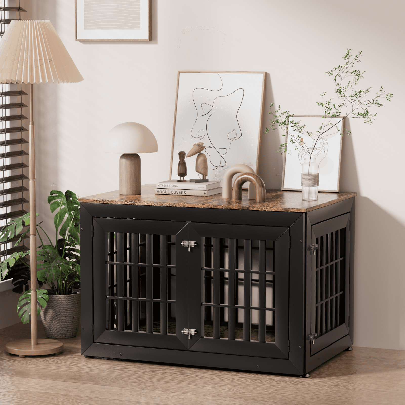 Snuowu 42" Heavy Duty Dog Crate Furniture for Small,Medium and Large Dogs,Rustic Wooden Dog Cage Kennel Indoor Furniture with Waterproof Top,Decorative Pet House Side End Table (Black & Wood)