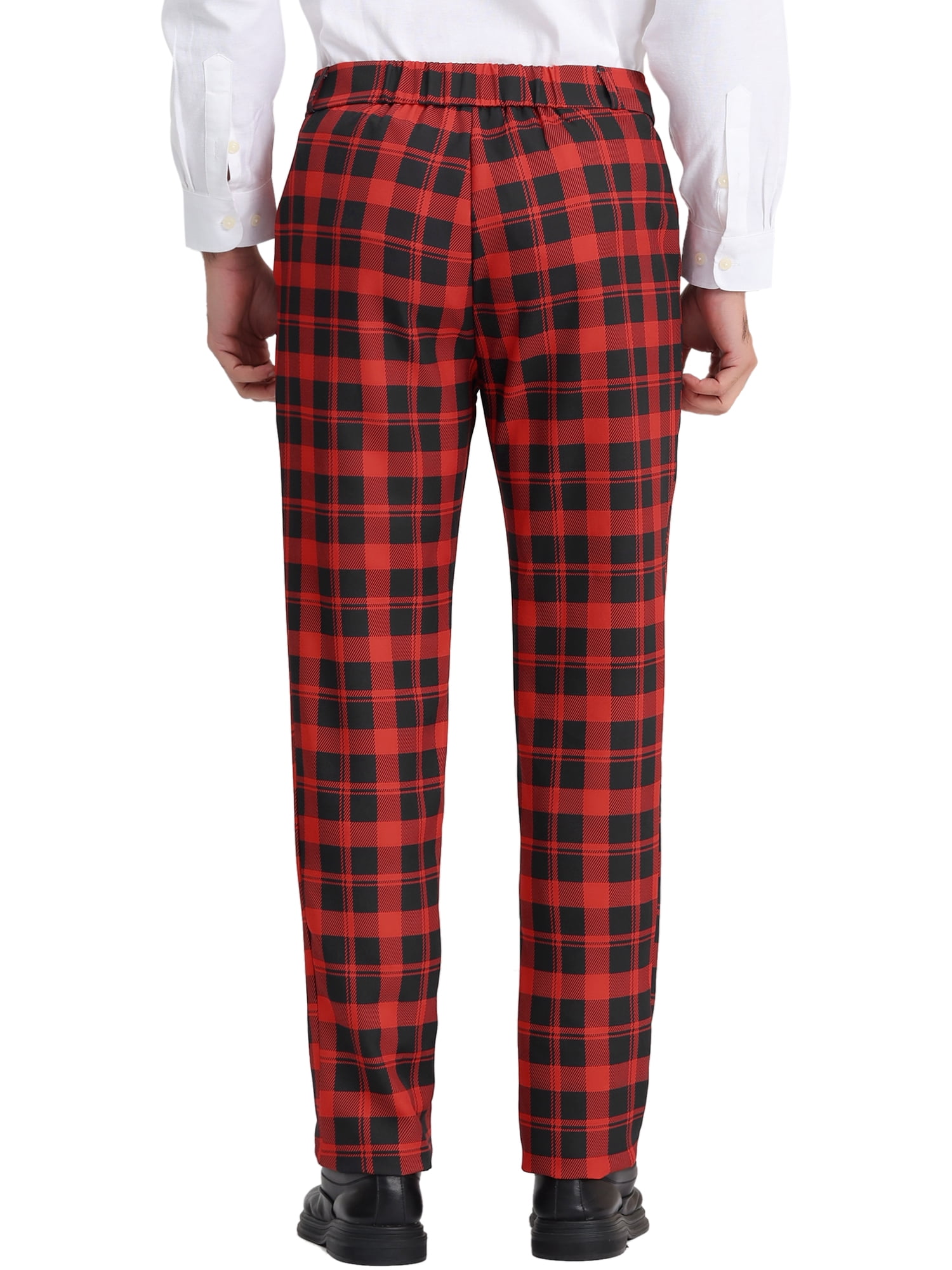 Unique Bargains Men's Plaid Regular Fit Flat Front Classic Elastic Waist Suit Pants 36 Red
