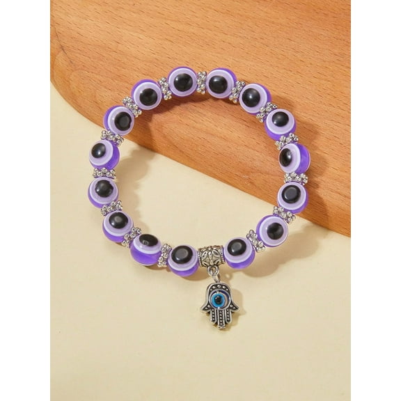 QQTDFG Purple Evil Eye Detail Hamsa Hand Charm Beaded Bracelet for Women Crafted-default