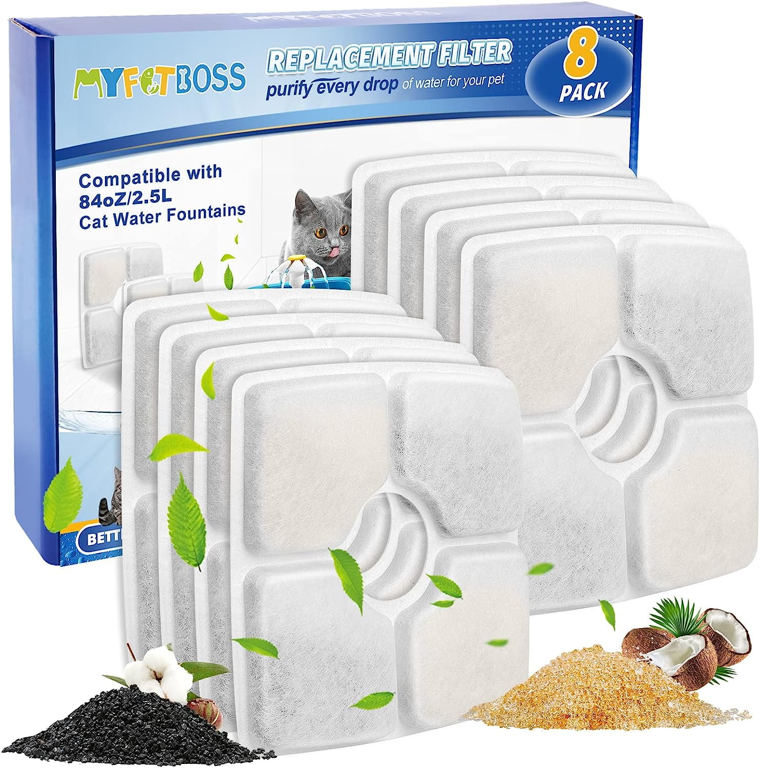 MyfatBOSS Cat Water Fountain Filter, 8 Pack Replacement Filters Fit for Veken 84oz/2.5L