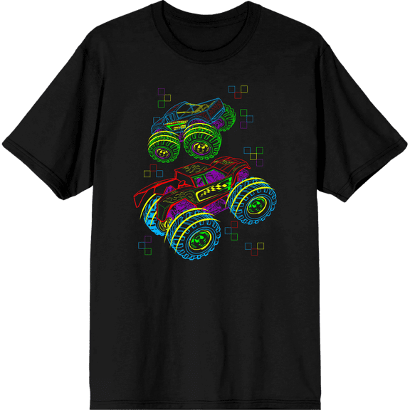 Neon Monster Trucks Adult Black Crew Neck Short Sleee Tee-Medium