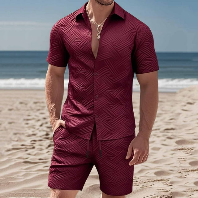 NTACZA Mens Shorts Set Button Down Short Sleeve Tracksuits Texured Athletic Sweatsuits for Men L