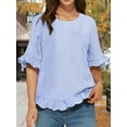 thumbnail image 6 of Women'S Round Neck Half-Sleeve Striped Loose Casual Shirt Ruffled Tops Blue Stripes L, 6 of 7
