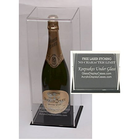Acrylic Display Case Wood Base - Wine or Champagne Bottle Personalized Laser Etched - Engraved Acrylic Display Case with Black Base