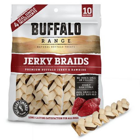 Buffalo Range Rawhide Dog Treats | Healthy, Grass-Fed Buffalo Jerky Raw Hide Chews | Hickory Smoked Flavor | Jerky Braids, 10