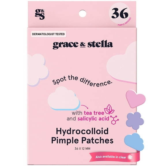 Grace & Stella Hydrocolloid Acne Patches & Spot Stickers, All Skin Types, 36 Piece Multishape Blue, Purple, Pink pack