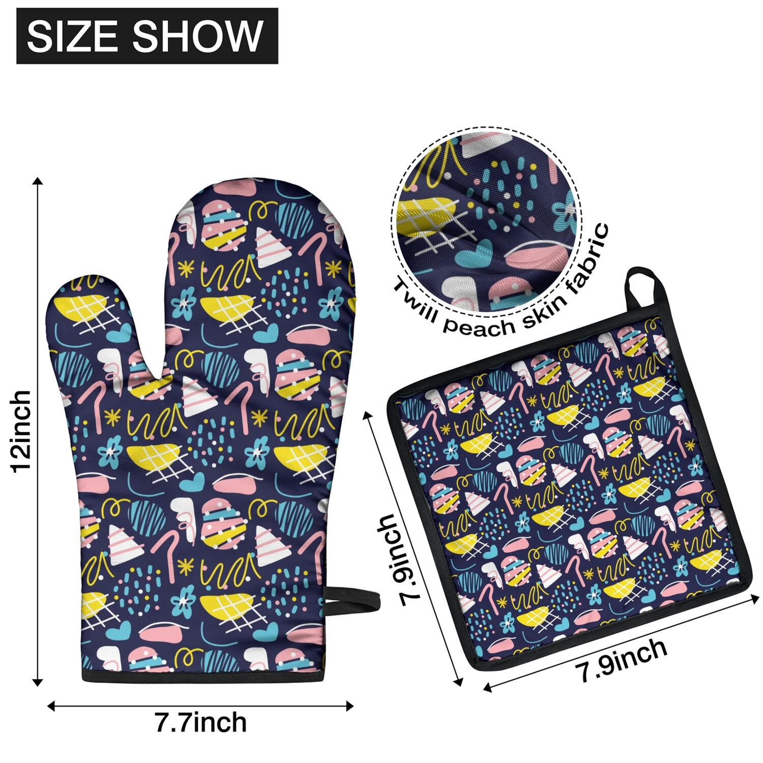 Floral Pattern Oven Mitts and Pot Holders Set Of 4, Heat Resistant Kitchen Gloves with Non-Slip Grip, Hanging Loop, Soft Cotton Lining for Baking, Cooking, Grilling, Barbecue