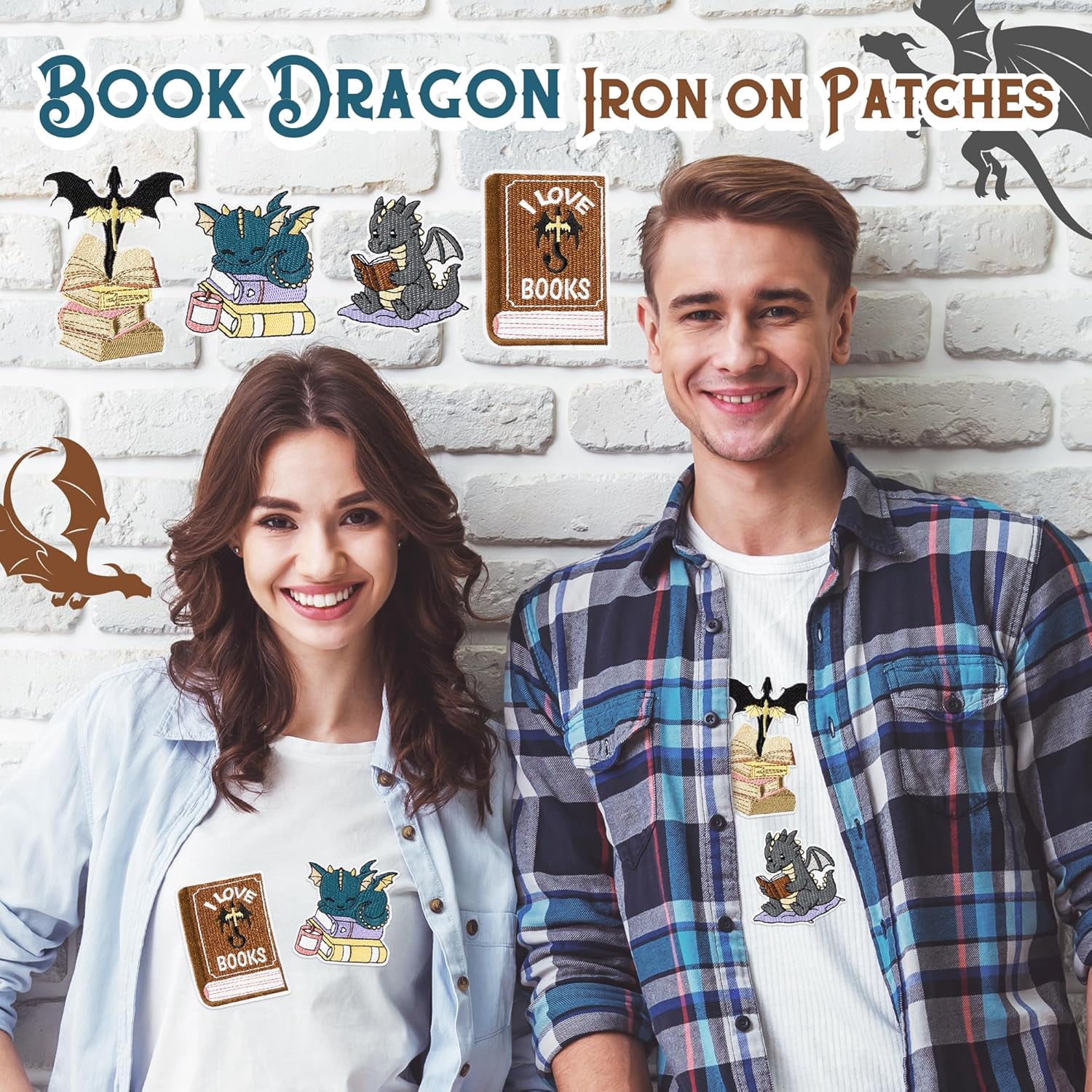 4 Pcs Book Dragon Iron on Patches Cute Fantasy Dragon Sew on Repair Embroidered Applique Reading Club DIY Crafts Accessories Bookish Gifts for Book Lover Fantasy Reader Bookworm Clothing Backpack Hat