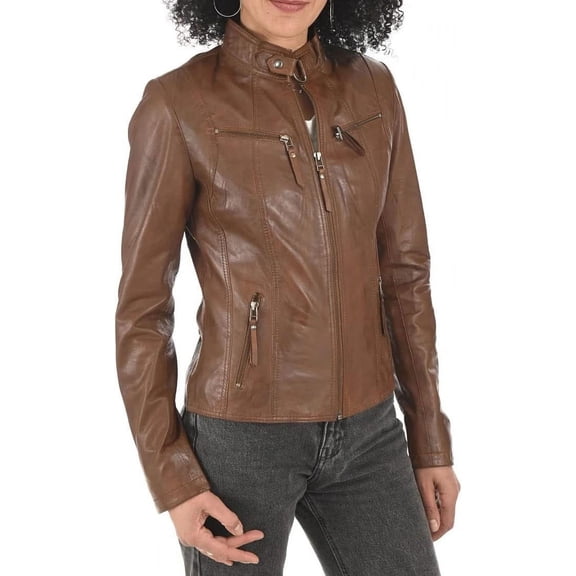 Womens Genuine Lambskin Brown Leather Jacket Motorcycle Biker Leather Jacket W170