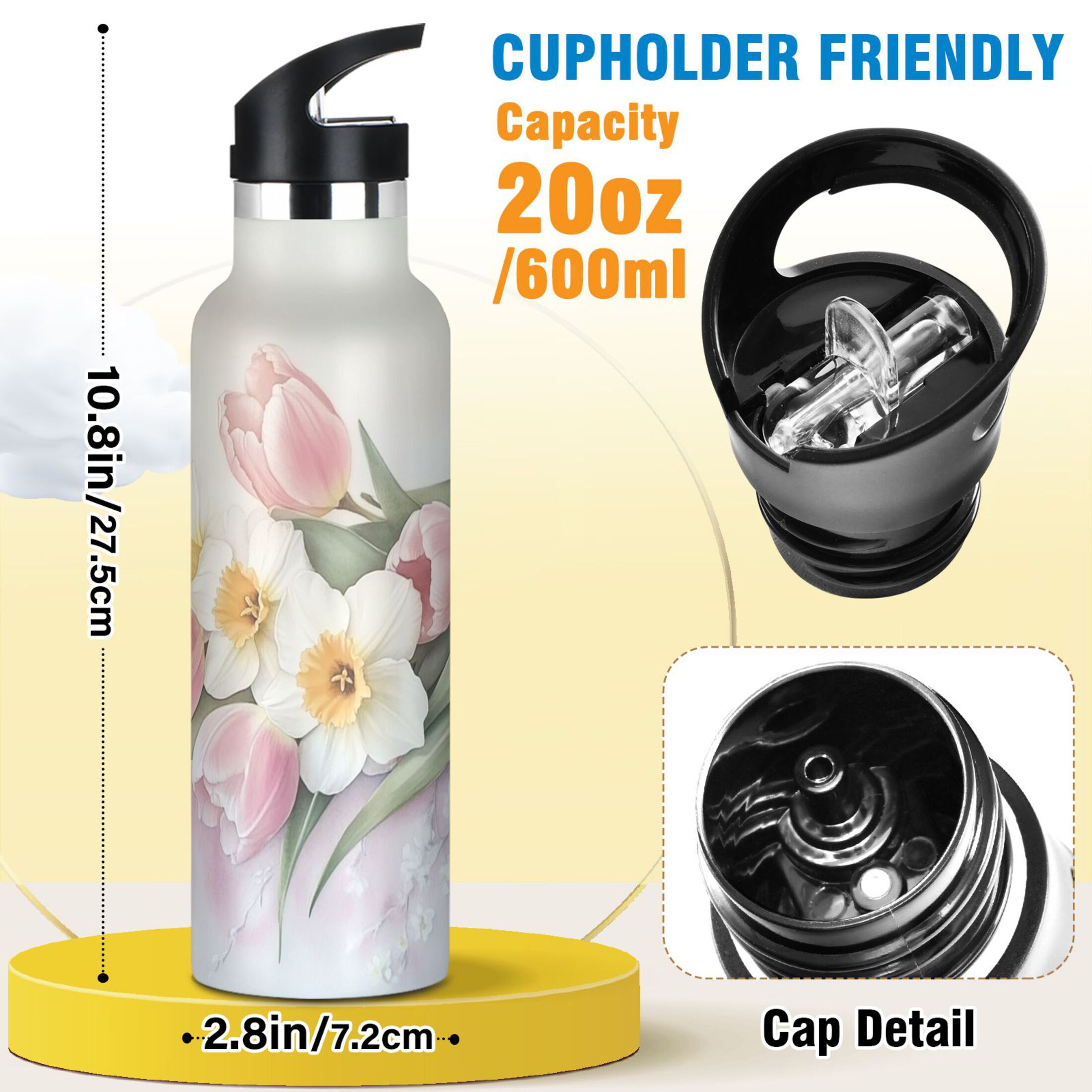 Kids Insulated Stainless Steel Sports Water Bottle 600ml (20oz) Tulips and Daffodils