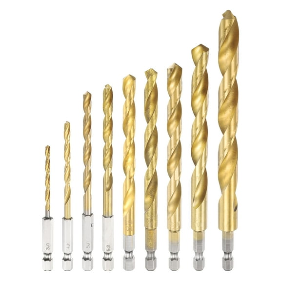 9pcs 1/4" Hex Shank Titanium Twist Drill Bit Set 9 Sizes 3/4/5/6/7/8/9/10/12mm Drilling Dia High Speed Steel Drills for Hardened Metal, Stainless Steel, Cast Iron, Wood, Plastic