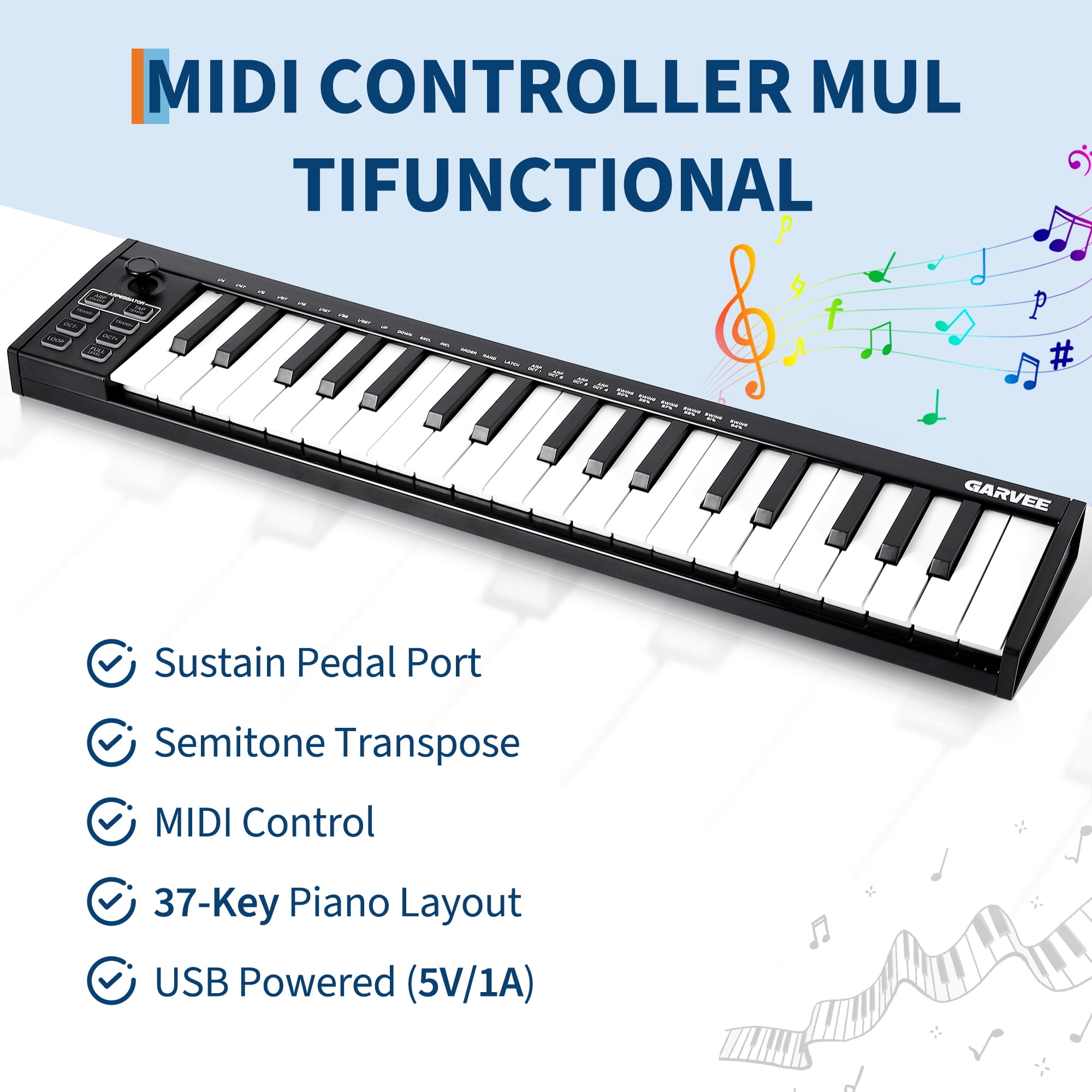 MIDI Keyboard 37 Key Gift Set, USB MIDI Controller, ABS Keyboard with DAW Integration, 8 Drum Pads, 8 Knobs & OLED Display