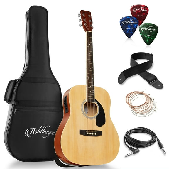 Ashthorpe Full-Size Dreadnought Acoustic Electric Guitar Package, Natural