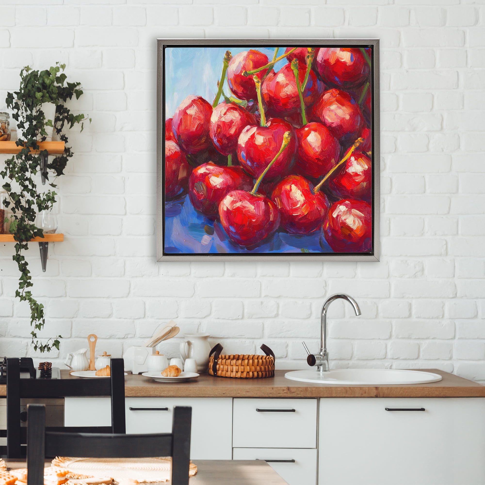 Stupell Industries Luscious Red Cherries of Summer Gray Framed Floater Canvas Wall Art, design by Petal Prints Design