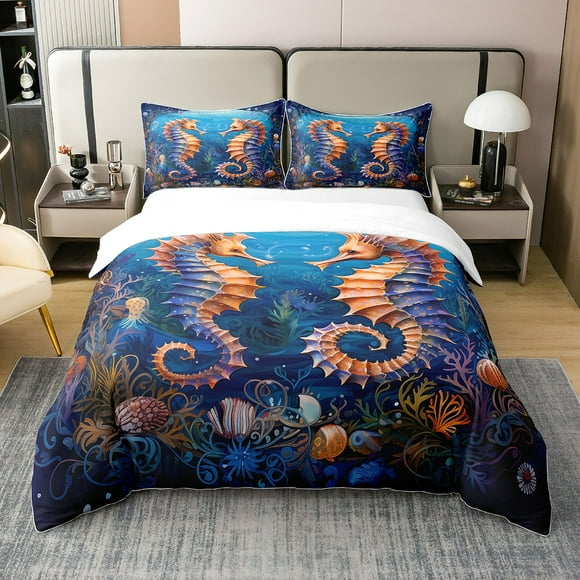 Seahorse 100% Cotton Duvet Cover Queen,Cartoon Seahorse Couple Bedding Set for Kids Teens,Underwater World Bed Set,Coastal Comforter Cover,Marine Life Sea Anmials Bedspread Cover(No Comforter)