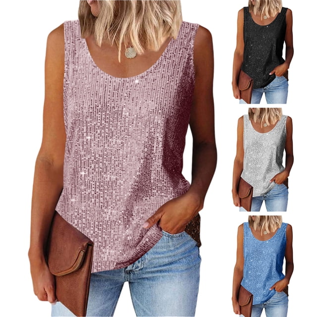 Hauts pour Femmes Col Rond Sans Manches Gilet à Paillettes Brillantes Style de Bureau Doux Extensible Coupe Ample Blouse d'Été