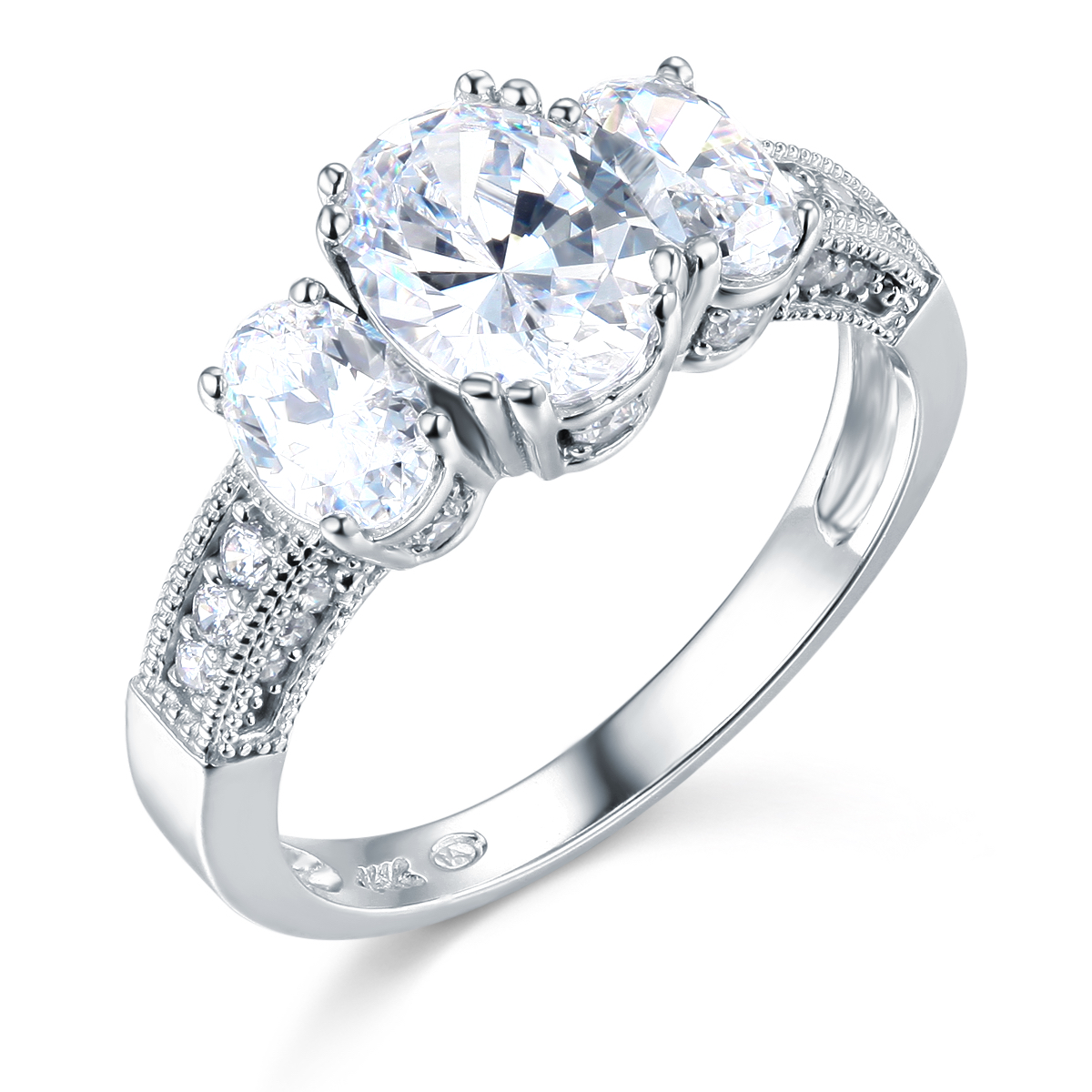 Wellingsale Ladies Solid 14k White Gold Polished CZ Cubic Zirconia Oval 