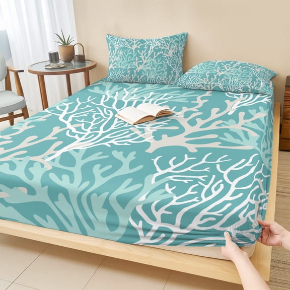King Size Fitted Sheet Set - Teal Coral Coastal 3 Piece Bedding Sets 16" Deep Pocket Fitted Sheet with 2 Pillowcases, Ocean Nautical Seaside Beach Brushed Microfiber Hotel Luxury Bed Sheets