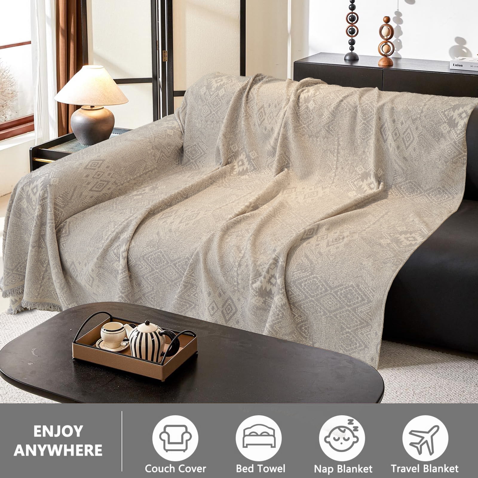 Sanmadrola Reversible Sofa Covers for 3 Cushion Couch, Geometric Jacquard Chenille Slipcover, L Shape Sectional Couch Cover with Tassels, Washable Furniture Protector for Dogs Cats Pet, 71"x118"