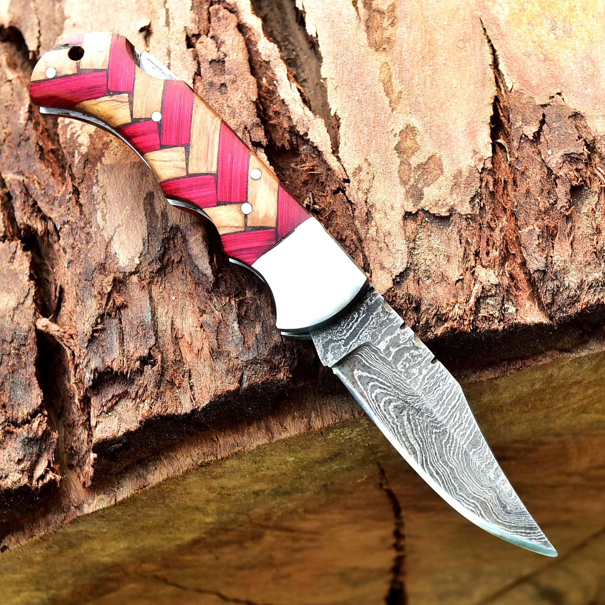 Custom Handmade Damascus Steel Folding Knife/Pocket Knife SS-170481 (Red and Olive  Wood)