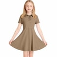 thumbnail image 5 of XRoczxe Girls Short Sleeve Polo Collar Swing Dress Ruffled Button Front Casual School Uniform Dress with Side Pockets Multiple Solid Colors Khaki, 5 of 9