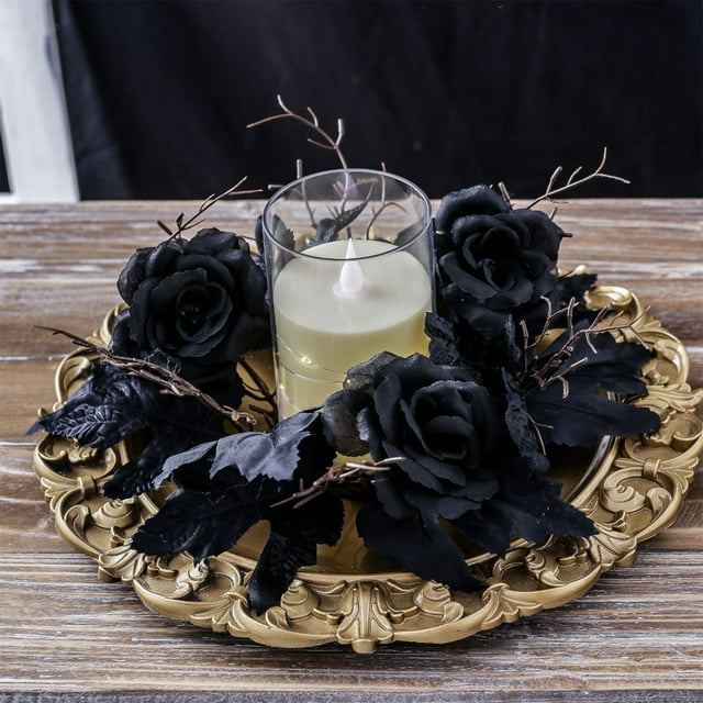 Fiudx Artículos en oferta con ofertas flash Corona de velas con flores artificiales de rosas rojas y negras de seda y hojas de arce falsas para Halloween, para fiestas en casa, mesas de comedor y can