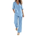 thumbnail image 3 of VBVC Women's 2 Piece Cotton-Linen Outfit Set,3/4 Sleeve Tunic Top and Wide Leg Pants for Women,Ladies V-Neck Breathable Loungewear with Pockets,Light Blue,S-3XL, 3 of 8