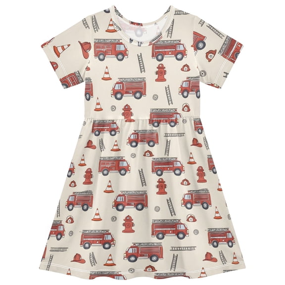 Fire Truck Short Sleeve Dress A-Line Cute Midi Casual Sundress 2-8 Years