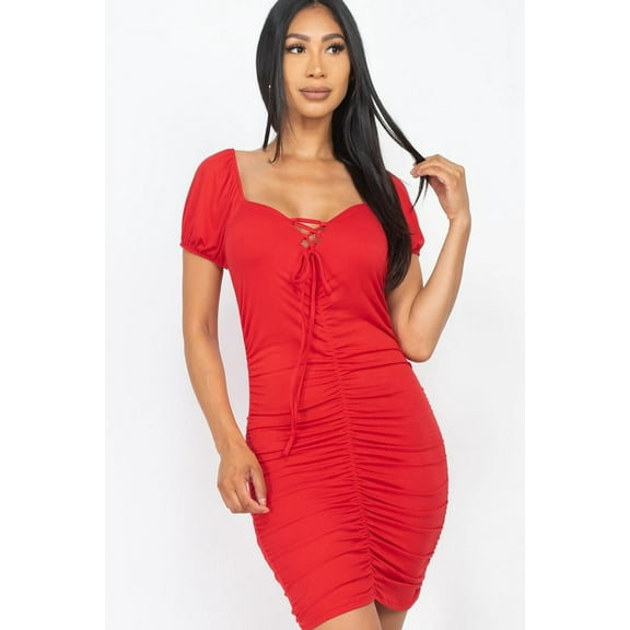 Front Lace Up Ruched Mini Dress