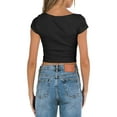 thumbnail image 4 of Arvbitana Women's Summer Basic Ribbed Crop Tops Short Sleeve V Neck Slim  Tank Camisole Solid Color Ruched Fitted Bustier Blouses for Daily Life, 4 of 9