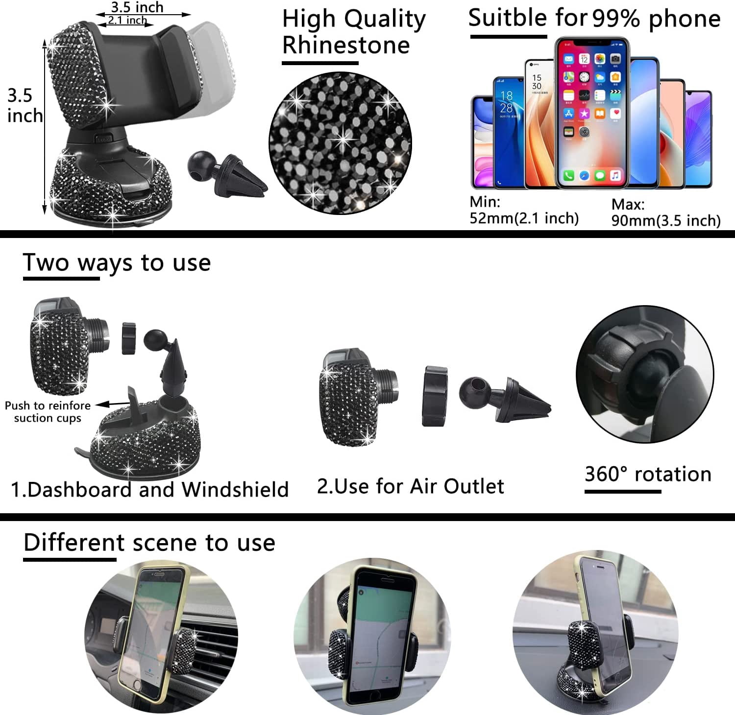 27 PCs Black Bling Car Accessories Set for Women, Steering Wheel Covers Universal Fit 15 Inch, Bling License Plate Frame, Bling Phone Holder, Bling Car Coasters (Black Diamond)