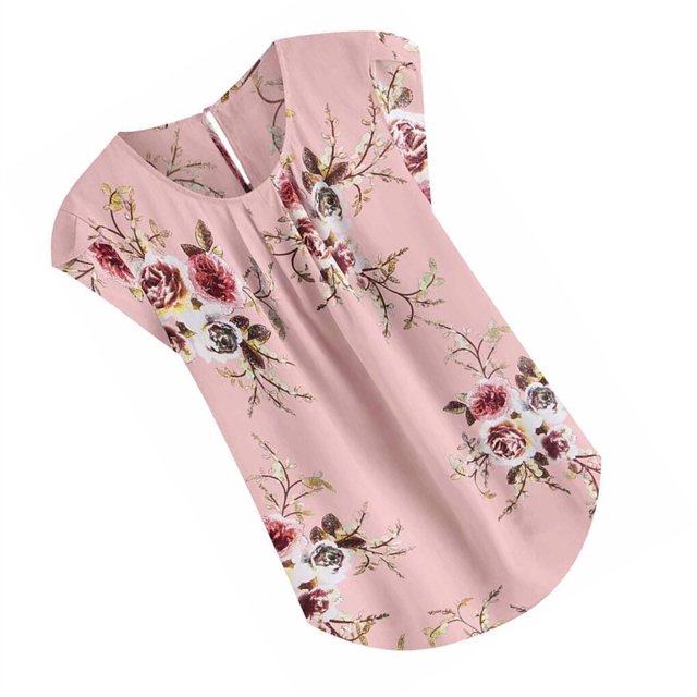 maskred T-shirt Femme Imprimé Plissé Haut Col Rond Manches Courtes Blouse Rose S