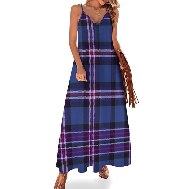 Nuevo vestido de tartán de Rangers Escocia fondo azul con líneas rojas blancas y azules y negro sin mangas vestido mujer verano