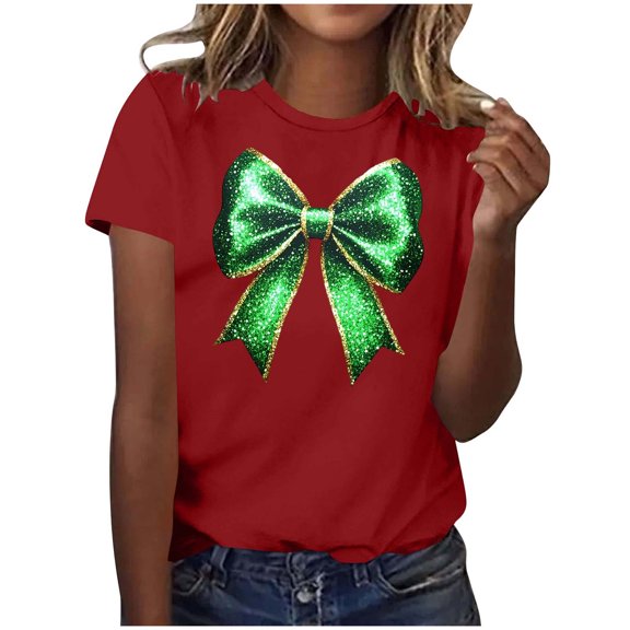 Zwiiyzr Womens St Patricks Day Clover Print Pullover Short Sleeve Casual T-Shirt Shamrock Green Theme Soft Comfortable Festival Party Wear Top Red