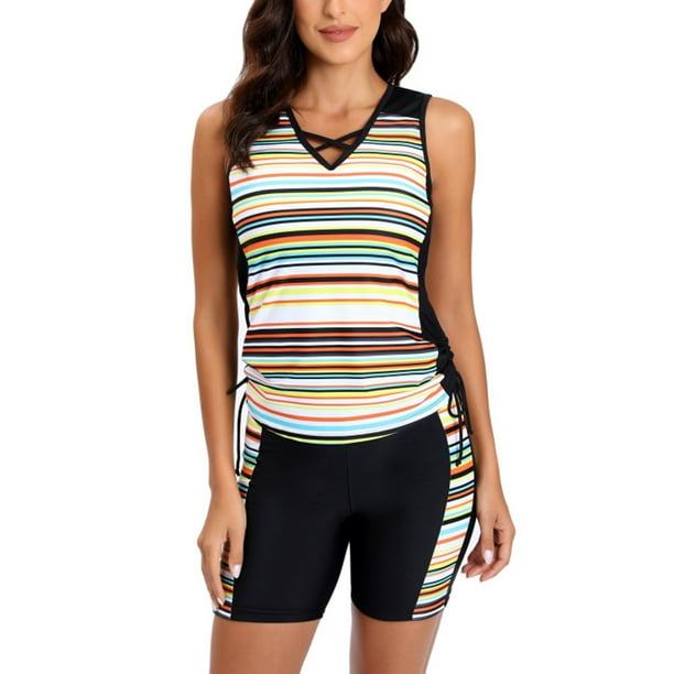 QIPOPIQ Juniors Swimsuits Stripe Printed V Neck Sleeveless Keep Pants Tight Swimsuit Vacation Beach Swimwear Summer Clearance