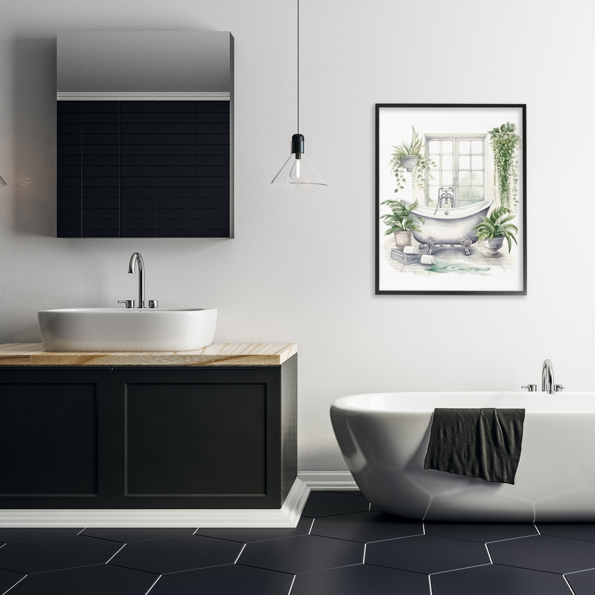 Lush Greenery Bathtub & Window Black Framed Giclee Art, design by Lettered and Lined