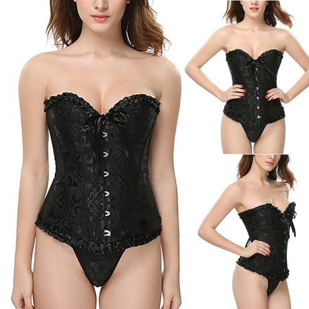 BiZtdJrK Women s Plus Size Corset Top Satin Floral Boned Overbust Body Shaper Bustier Sexy Lace Trim Waist Push Up Shapewear Lingerie Back Packs Sales for School Black M