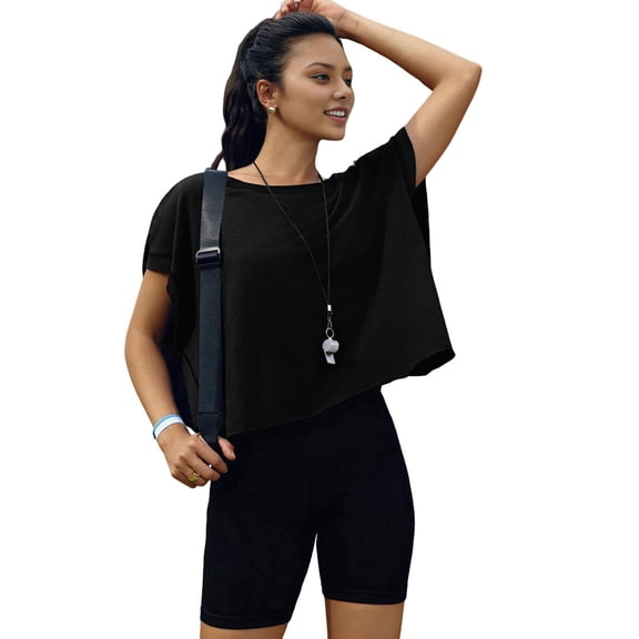 Women Short Sleeve Workout Shirts Open Back Tops Casual Yoga Y2k Athletic Gym Slouchy Crop Running Tees Black XL