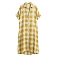 thumbnail image 4 of KHONTS Women's Linen Maxi Shirt Dress Short Sleeve Button down Casual Dress Loose Summer Gingham Beach Cover up Dresses Yellow XL, 4 of 5