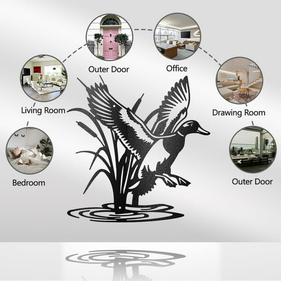 Iron Wild Duck Plants Metal Wall Art Decor Mallard Hunting Wall Silhouette Sculpture Signs Birds Wall Hanging Decor Gifts Home Balcony Garden Courtyard Indoor Outdoor 11.5x11.8 Inch
