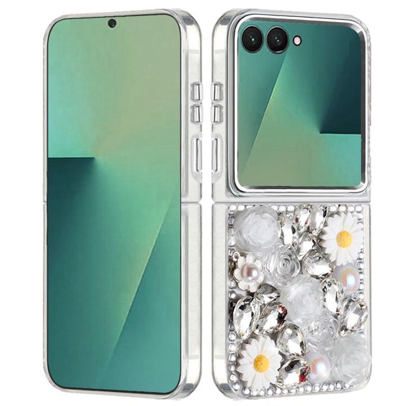 XPM for Samsung Galaxy Z Flip 7 Phone Case, Fashion Daisy Floral Series, Full 3D Bling Crystal Diamonds Sparkling Rhinestone Glitter Hybrid Design Cover for Galaxy Z Flip 7 (White)