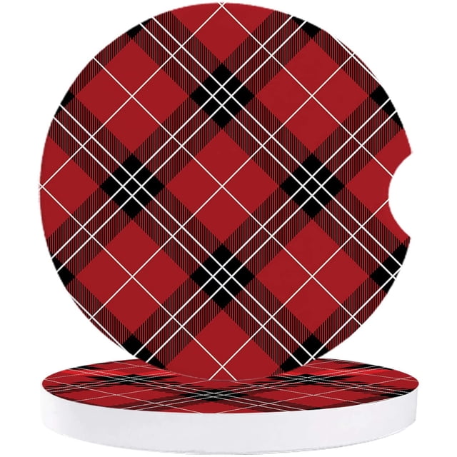 XDDJA Black and Red Plaid Scottish Style Classic Checkered Set of 6 Car Coaster for Drinks, Absorbent Ceramic Stone Coasters Cup Mat with Cork Base for Home Kitchen Room Coffee Table Bar Decor