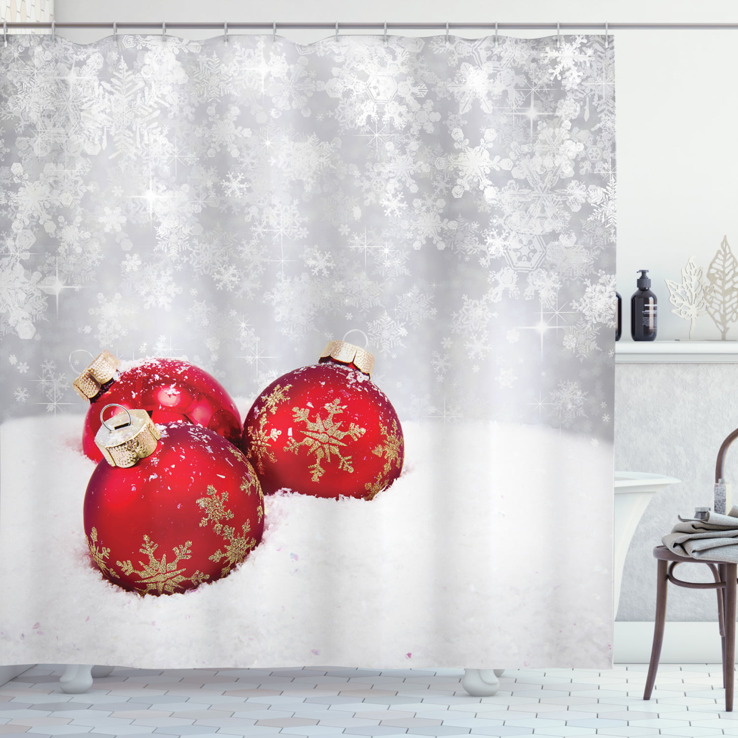 Christmas balls and gift boxes on snow red Bathroom Fabric Shower Curtain 71Inch 