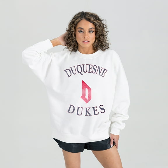 Women's Gameday Couture White Duquesne Dukes Oversized Good Vibes Premium Fleece Drop Shoulder Pullover Sweatshirt