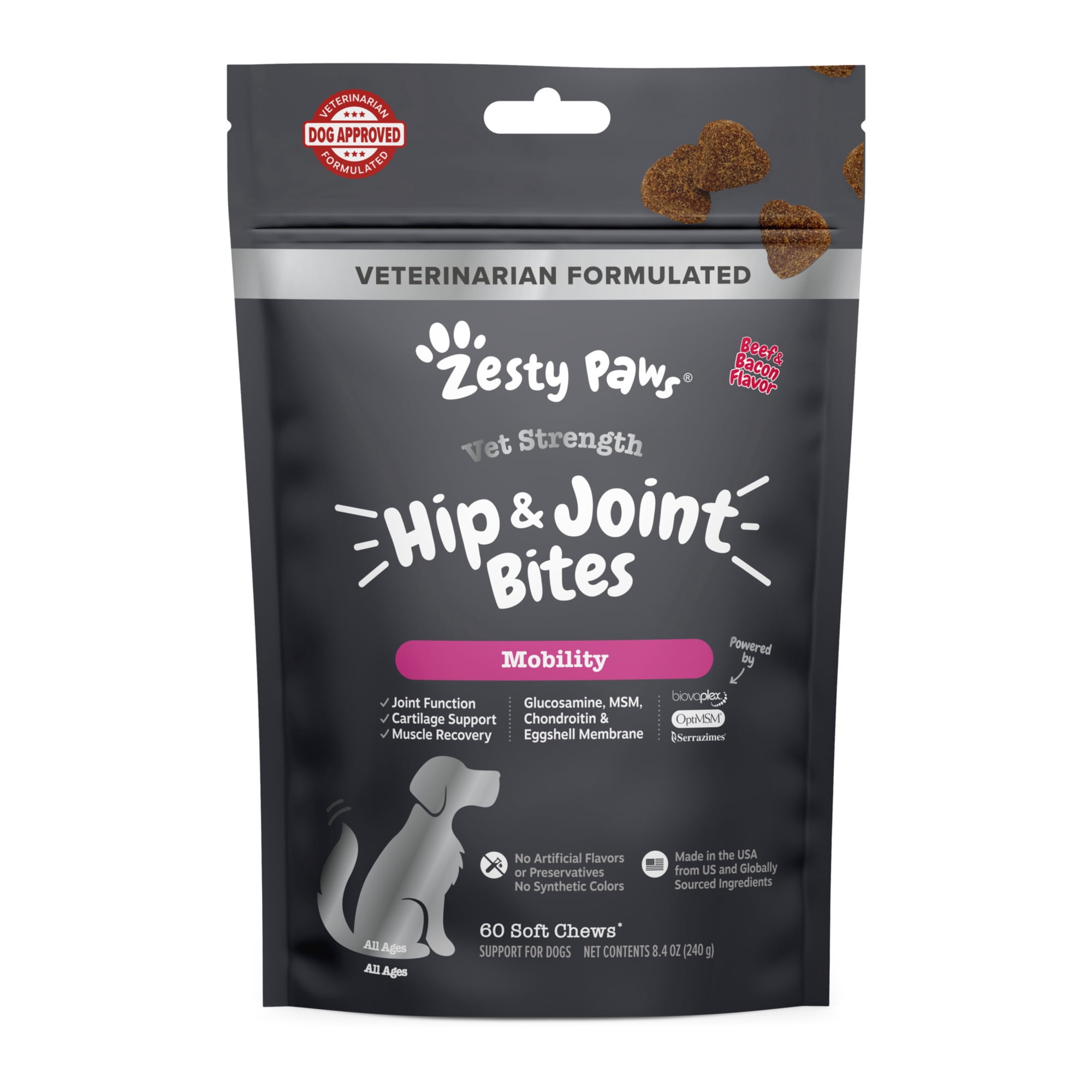 Zesty Paws Vet Strength Hip & Joint Bites Beef & Bacon Flavor Dog Supplement, 60 Count