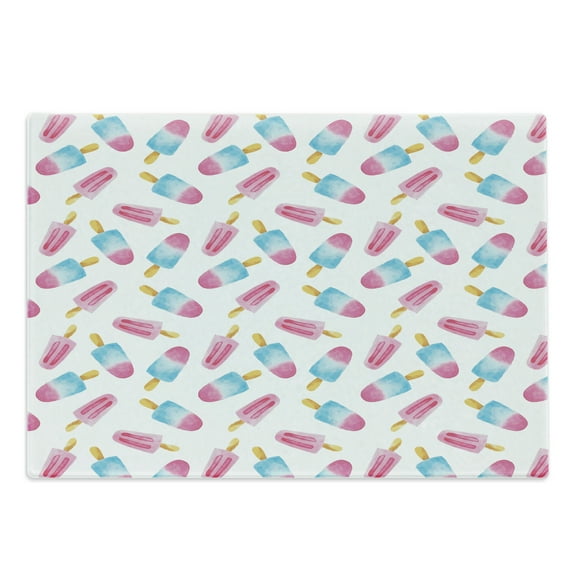 Ice Cream Cutting Board, Pattern with Refreshing Watercolor Popsicles on White Background, Decorative Tempered Glass Cutting and Serving Board, Large Size, Earth Yellow Pale Blue, by Ambesonne