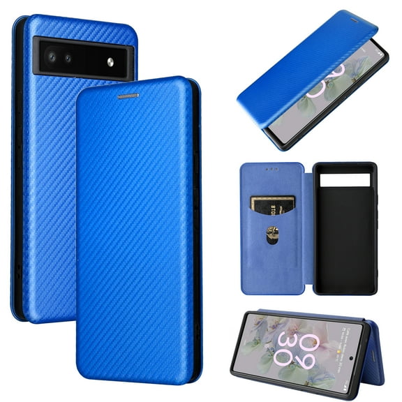 Wallet Case for Google Pixel 6A Case, [Anti Scratch] Slim Fit [Carbon Fiber] Premium PU Leather Flip Case with Card Holder Kickstand Protective Cover For Google Pixel 6A, Blue